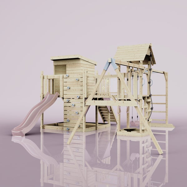 Spielplatz mit Rutsche, Kletterwand, Schaukel und Spielhaus aus Holz