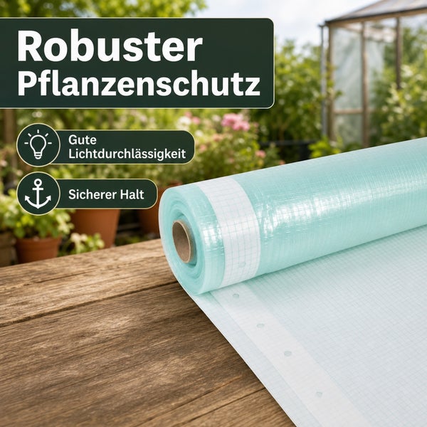 Robuste Gitterfolie als Pflanzenschutz auf einer Rolle mit hoher Lichtdurchlässigkeit und Befestigungsleiste für sicheren Halt im Garten