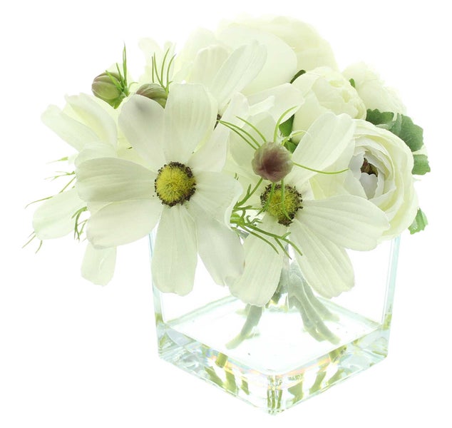 FRANK FLECHTWAREN | Dekovase Weiße Blüten, 16 x 16 x 15 cm, KUNSTSTOFF, GLAS