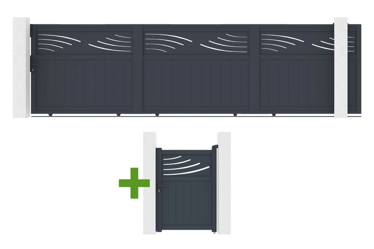 Set aus Aluminium-Schiebetor und passender Gartentür in Anthrazit mit modernem Wellendesign.