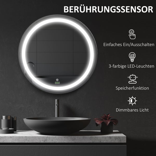 kleankin Badezimmerspiegel, Ø60cm LED Badspiegel mit 3 Lichtfarben, Wandspiegel mit Touch-Funktion, Memory-Funktion, IP44, Schwarz