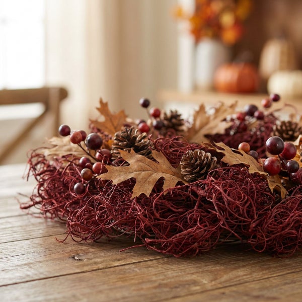 Herbstlicher Dekokranz aus Trockenmaterialien mit Beeren, Tannenzapfen und Eichenblättern auf einem Holztisch.