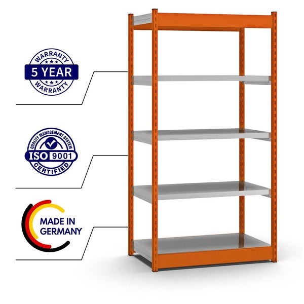 PROREGAL Fachbodenregal Stecksystem Vierkant-Profil Grundregal HxBxT 200 x 102,5 x 50 cm 5 Ebenen Einseitige Bauart Fachlast 200 kg Orange