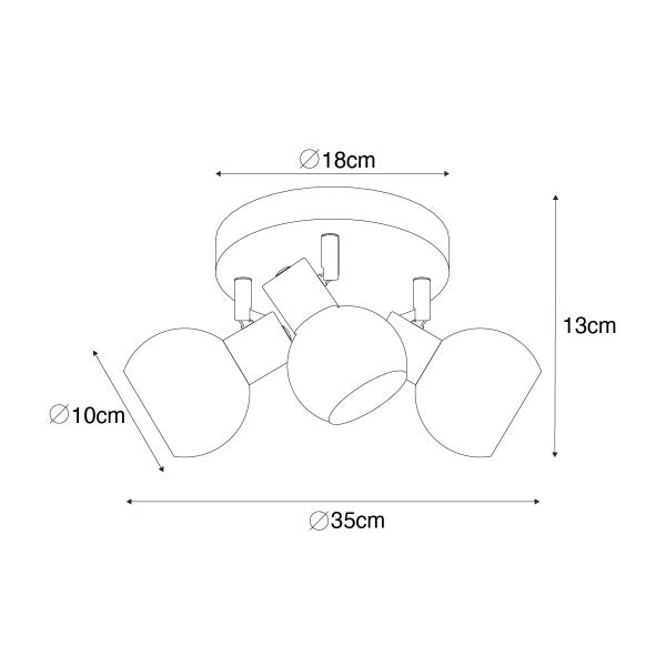 Technische Zeichnung einer Deckenleuchte mit drei Strahlern und Maßangaben