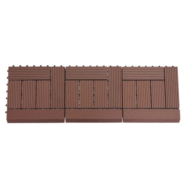 Drei WPC-Terrassenfliesen mit Klicksystem, geriffelte Oberfläche in Flechtoptik, Holzoptik.