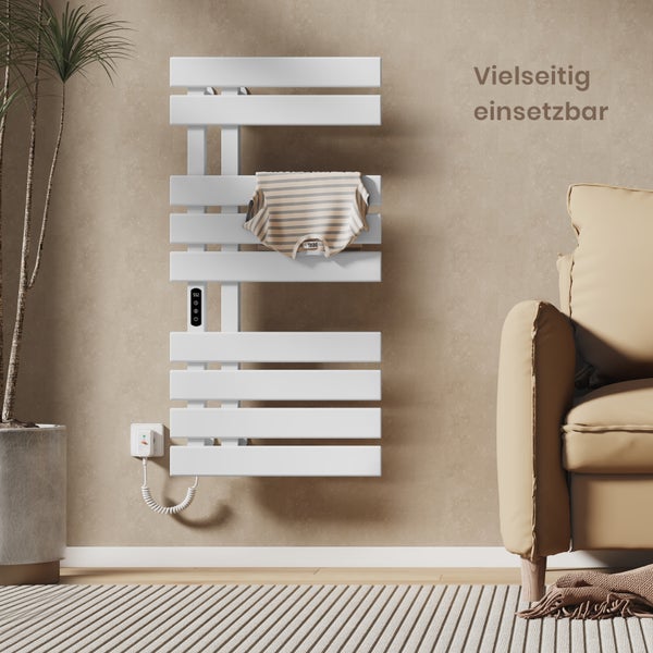 EMKE Elektrischer Badheizkörper 100x50 cm, Design-Handtuchheizkörper mit LCD-Display, Thermostat, Timer, Temperaturregelung, WiFi & App-Steuerung, 600W, Flachheizkörper für Bad, Glänzend Weiß, Linksanschluss