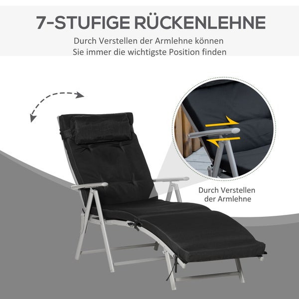 Outsunny Sonnenliege, Gartenliege, klappbar, verstellbar, mit Kissen, 137 x 63,5 x 100,5 cm, Metall, Stoff, Schwarz