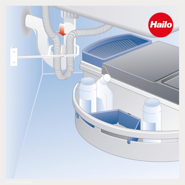 Hailo Logo, Schlauchhalterung und ausziehbares Ordnungssystem für Reinigungsmittel im Spülenschrank.