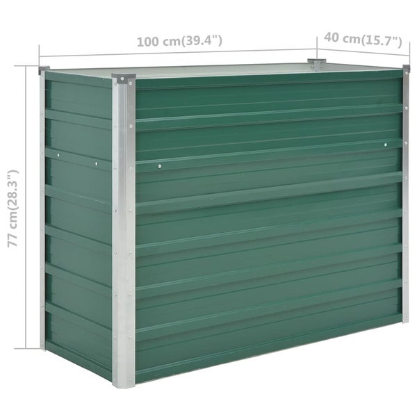 Grünes Hochbeet aus Stahl mit Maßen von 100 Zentimeter Länge, 40 Zentimeter Breite und 77 Zentimeter Höhe.