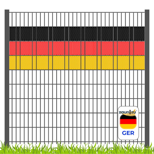 Zaun mit deutscher Flagge und Zaun zu Logo