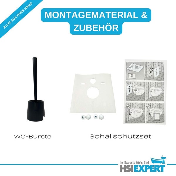 Toilettenbürste und Schallschutzset für die Wandmontage eines WCs.