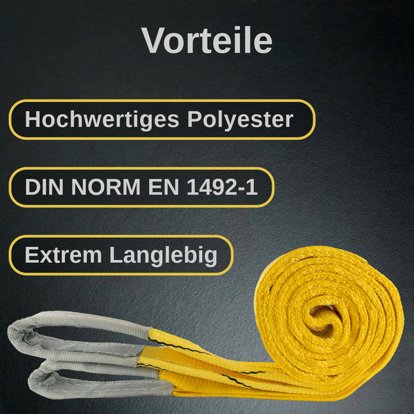 Hebeband aus hochwertigem Polyester gemäß DIN NORM EN 1492-1, extrem langlebig.