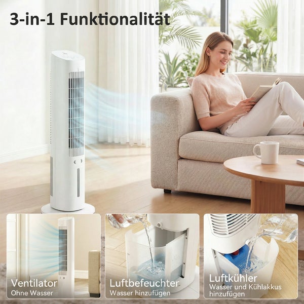 Weißer 3 in 1 Turmventilator im Wohnzimmer mit Funktionen als Ventilator, Luftbefeuchter und Luftkühler durch Wasser und Kühlakkus.