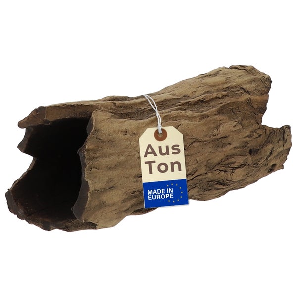 Aquariumdekoration in Form eines hohlen Baumstamms aus Ton, hergestellt in Europa.