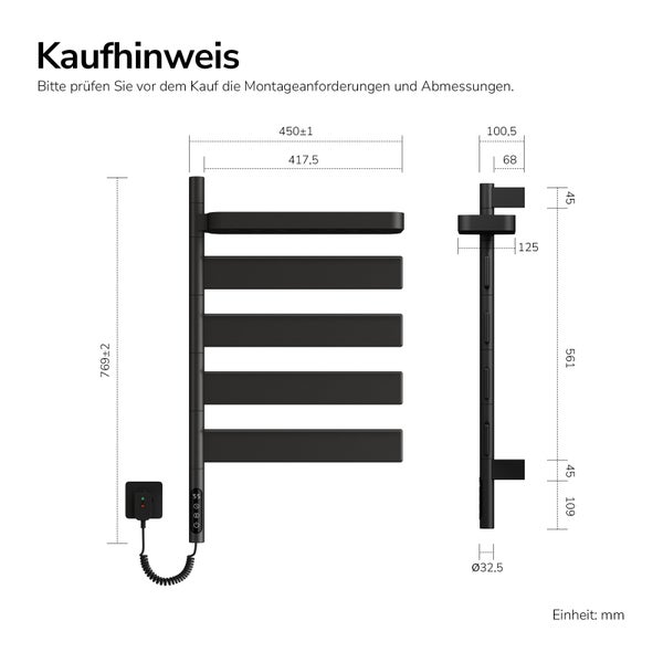 Technische Zeichnung eines schwarzen elektrischen Handtuchheizkörpers mit Abmessungen in Millimeter.
