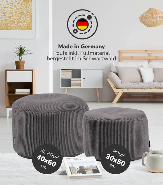 mokebo Pouf oder Sitzhocker aus Cord 'Der Faule Lenz', Fußhocker in Anthrazit mit EPS-Perlen Füllung