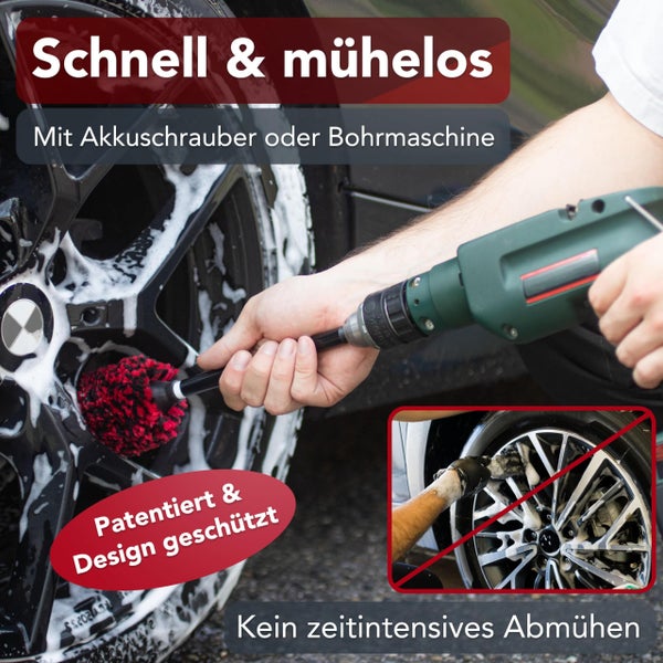 LAAKFELD Felgenbürste für Akkuschrauber (schnelle & mühelose Reinigung) - Top Ergebnis mit schonendem & langlebigem Bürstenaufsatz Akkuschrauber Auto - Felgen Bürste Bohrmaschine einfach & belastbar