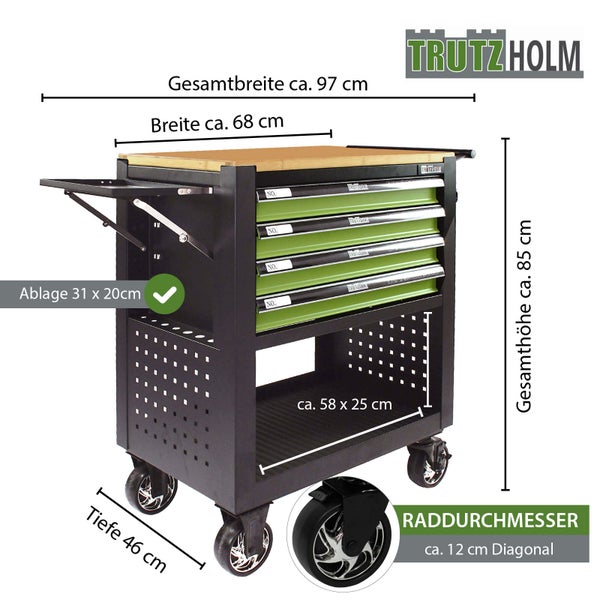Werkstattwagen mit vier Schubladen, einer Ablage und Rollen von TrutzHolm
