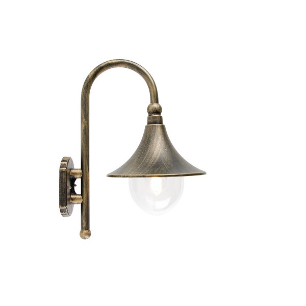 Klassische Außenwandleuchte aus Metall in Antik-Optik mit gebogenem Arm und klarem Glaskolben.