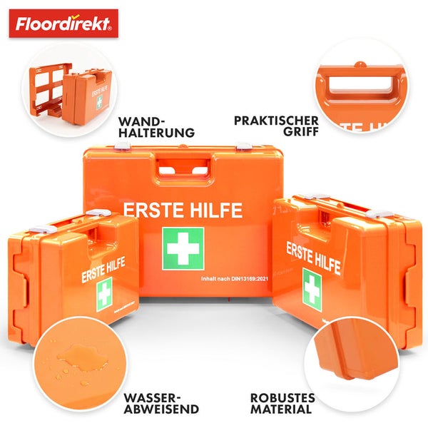Orangefarbener Erste Hilfe Koffer mit Wandhalterung, praktischem Griff, wasserabweisendem Material und der Aufschrift Erste Hilfe
