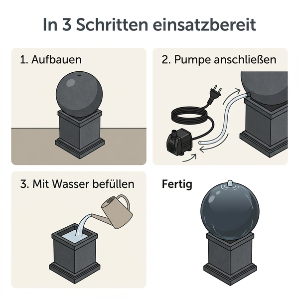 Illustrierte Schritt für Schritt Anleitung zur Montage eines Gartenbrunnens bestehend aus einer Kugel auf einem Sockel mit Pumpe.