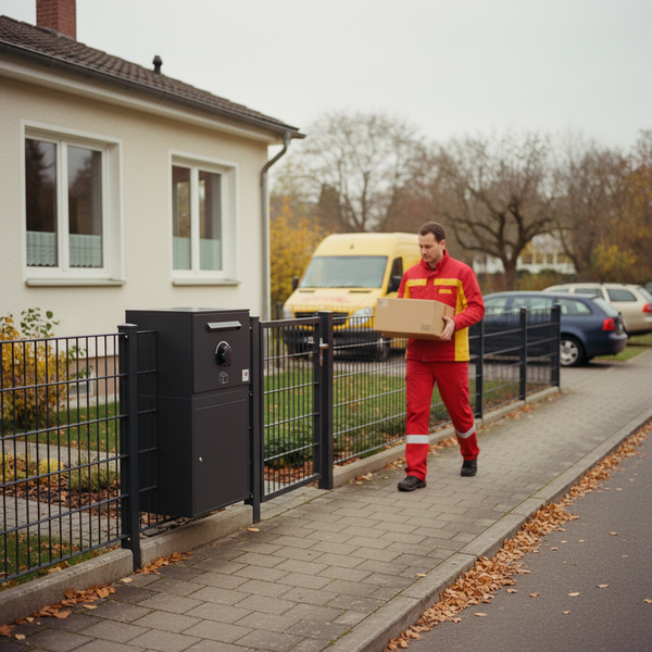 Paketzusteller mit Paket vor einer freistehenden Paketbox neben einem Haus.