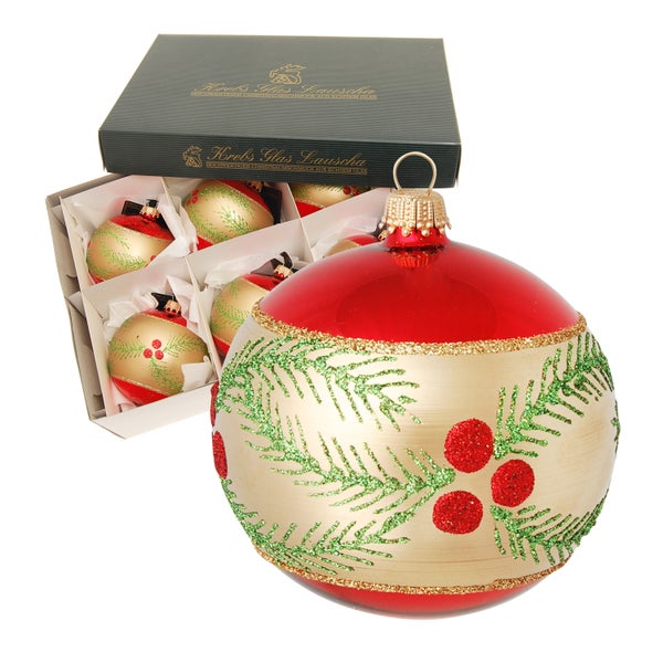 Rot glanz/Gold matt 8cm Glaskugel mundgeblasen und weihnachtlich handdekoriert (6 Stück), 6 Stck., Weihnachtsbaumkugeln, Christbaumschmuck, Weihnachtsbaumanhänger