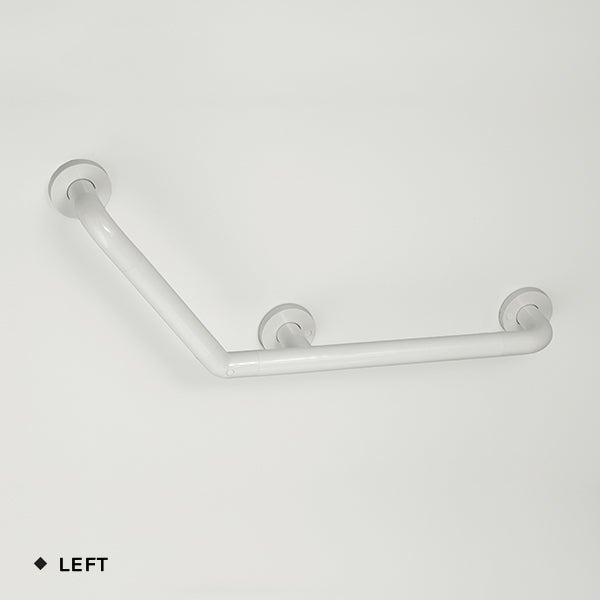 Winkelhaltegriff aus Kunststoff, weiß, 135 Grad, links, zur Wandmontage, barrierefrei.