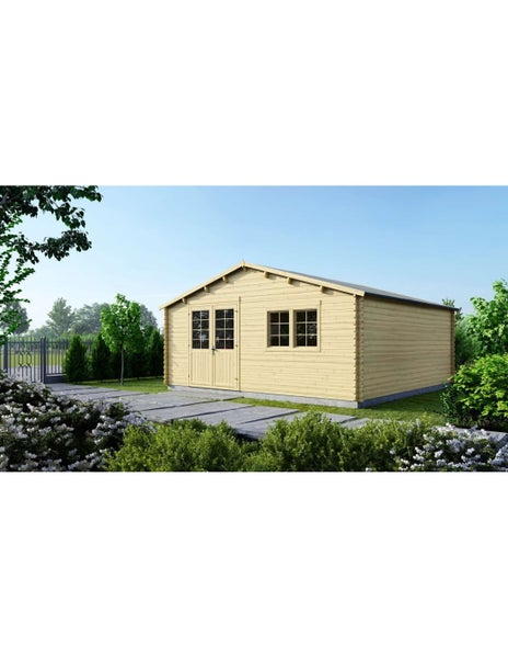 Großes Gartenhaus aus Holz mit Satteldach, Doppeltür und zwei Fenstern in einer Gartenanlage.