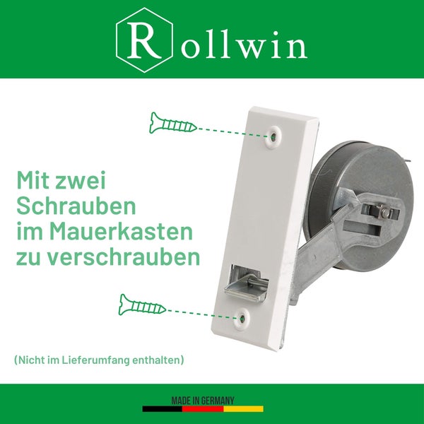 Rollwin Rolladen Gurtwickler Unterputz 135mm Lochabstand - aus Deutschland - mit Gurtwickler Blende Weiß - ohne Gurt - für 23mm Rolladengurt geeignet - Rollo Wickler mit Abdeckblende