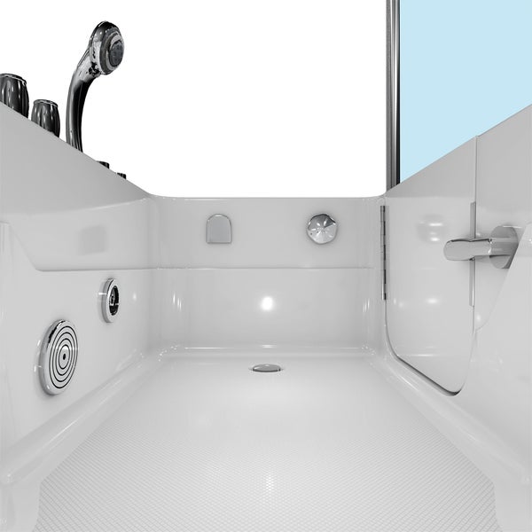 Weiße Seniorenbadewanne mit Tür, rutschhemmendem Boden und integrierter Handbrause.