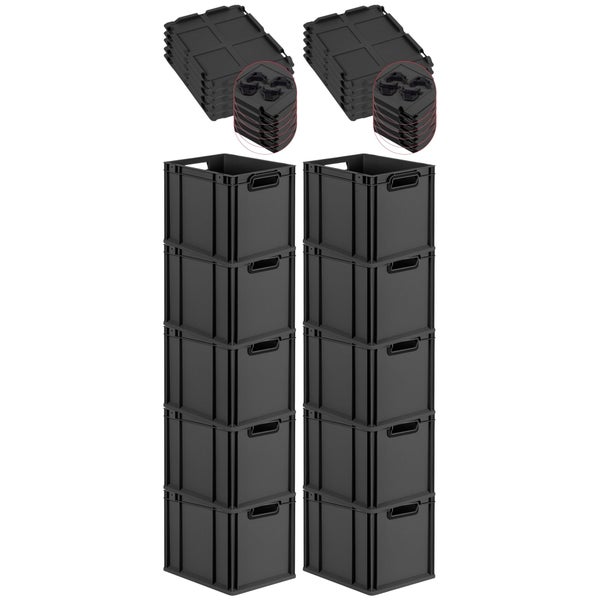 PROREGAL SparSet 10x Eurobox NextGen Color mit Auflagedeckel und Schiebeschnappverschlüsse, HxBxT 32x30x40cm, 30 Liter, Schwarz, Griffe schwarz offen, Eurobehälter, Transportbox, Transportbehälter, Stapelbehälter