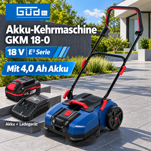 Güde Akku Kehrmaschine GKM 18-0 mit 18 Volt Akku und Ladegerät für die Reinigung von Außenflächen.
