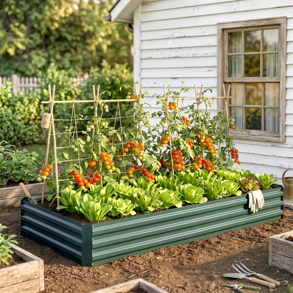 Geräumiges grünes Metallhochbeet im Garten, bepflanzt mit verschiedenen bunten Blumen vor einem Holzzaun.
