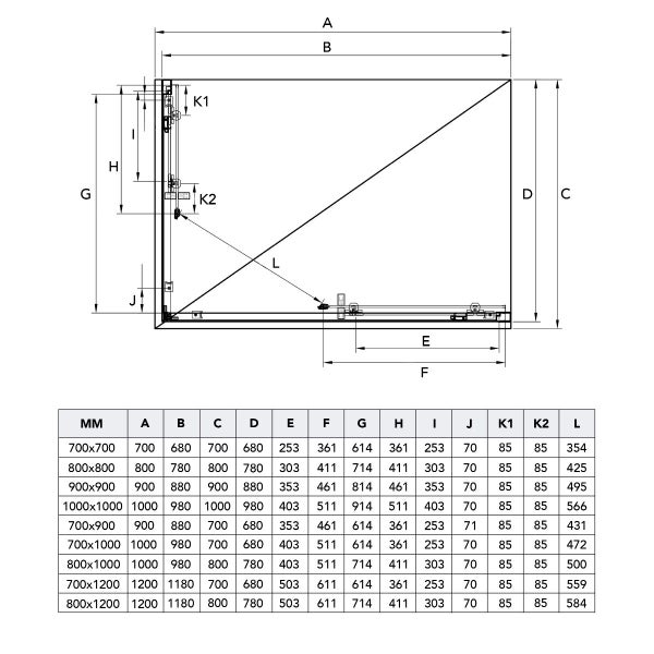 Technische Zeichnung einer Duschkabine mit Maßangaben.