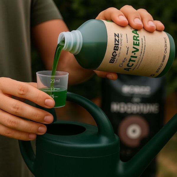 Eine Person gießt Biobizz Acti-Vera Pflanzenaktivator aus einer Flasche in einen Messbecher über einer Gießkanne.
