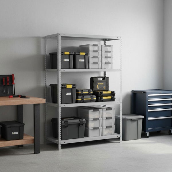 Organisierte Werkstatt mit grauem Schwerlastregal, gefüllt mit Lagerboxen, daneben ein blauer Werkstattwagen und ein Holzwerktisch.