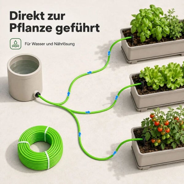 Tropfbewässerungssystem mit Wasserreservoir, Schlauch und drei Pflanzkästen für die direkte Bewässerung und Düngung von Pflanzen.