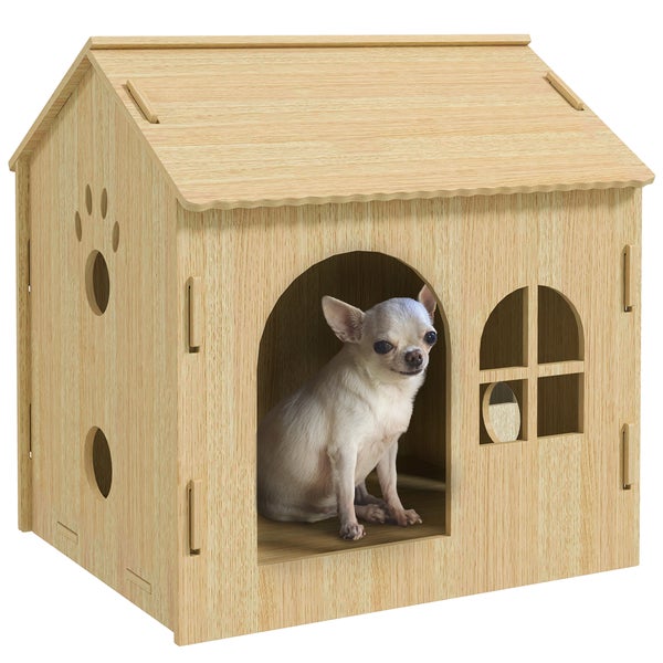PawHut Hundehütte mit Fenster, Katzenhaus mit niedliches Pfoten-Design, Montage ohne Schrauben, für kleine Hunde unter 4 kg, Indoor, 49,5 x 41 x 51 cm, Eiche