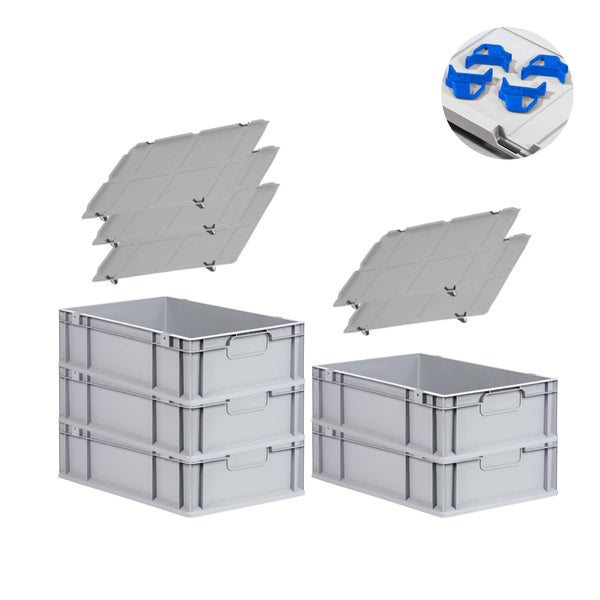PROREGAL Spar Set 5x Eurobox Nextgen Economy Mit Auflagedeckel & 4x Schiebeschnappverschlüsse Blau Griffe Geschlossen HxBxT 17 x 40 x 60 cm 34 Liter