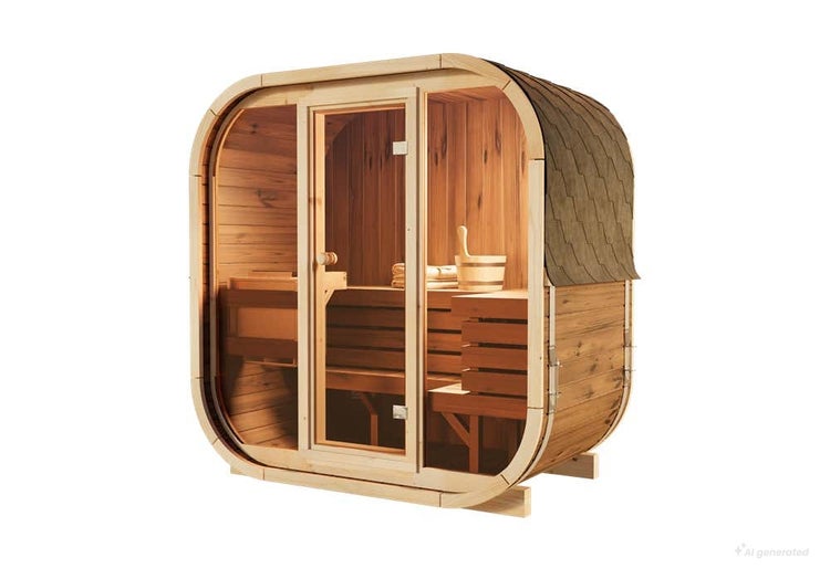 Moderne Fasssauna aus Holz mit Glastür und Inneneinrichtung zur Entspannung im Garten.