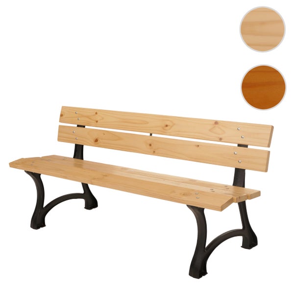 Gartenbank aus Holz mit schwarzen Metallfüßen