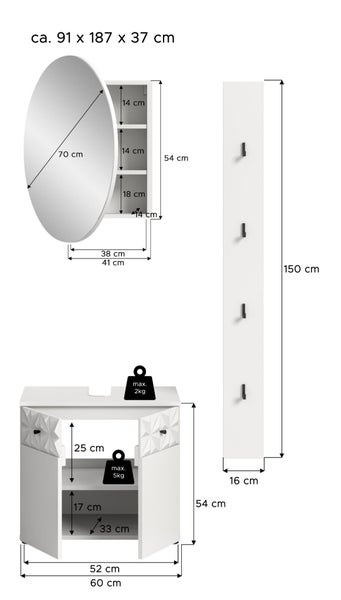 Badezimmermöbel-Set mit Maßen für Spiegelschrank, Waschbeckenunterschrank und Hakenleiste. Gesamtmaße circa 91 mal 187 mal 37 Zentimeter.