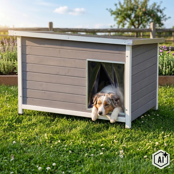 Hundehütte aus Holz mit Flachdach und Lamellenvorhang steht auf einer Wiese, ein Hund liegt im Eingangsbereich.