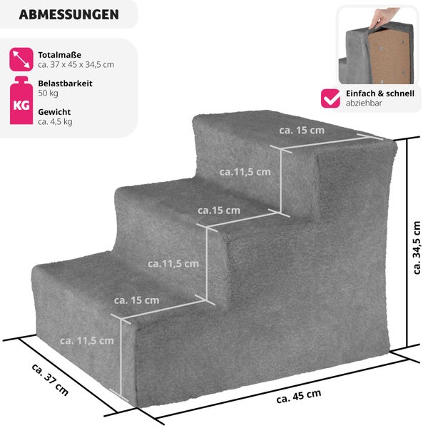 Haustiertreppe tectake Paw Path pflegeleicht, 37 x 45 x 34,5 cm für Hunde und Katzen grau