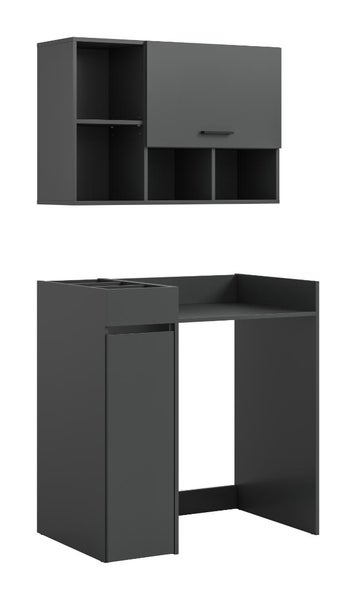 Ein moderner Wandtisch mit passendem Hängeregal aus Holzwerkstoff für Arbeitsbereiche
