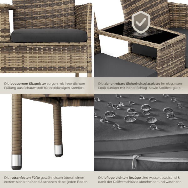 Details einer Polyrattan-Gartenbank: dicke Sitzpolster, Sicherheitsglasplatte, rutschfeste Füße und wasserabweisende Bezüge mit Reißverschluss.