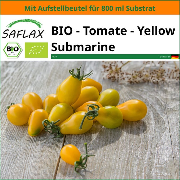 SAFLAX Garden in the bag - BIO - Tomate - Yellow Submarine - Solanum lycopersicum - 10 Samen - Mit Anzuchtsubstrat im praktischen, selbst aufstellenden Beutel