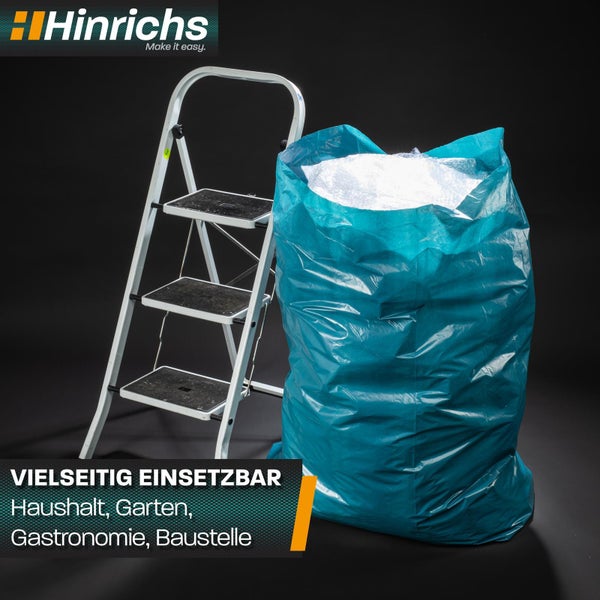 Großer gefüllter Müllsack neben einer Leiter. Hinrichs Logo. Vielseitig einsetzbar in Haushalt, Garten, Gastronomie und auf Baustellen.