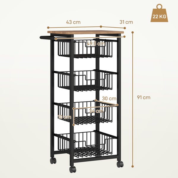 HOMCOM Küchenwagen Servierwagen mit Arbeitsplatte, 4 ausziehbaren Stahlkörben, Rollwagen für Büro, 49,5 x 31 x 91 cm, Eiche
